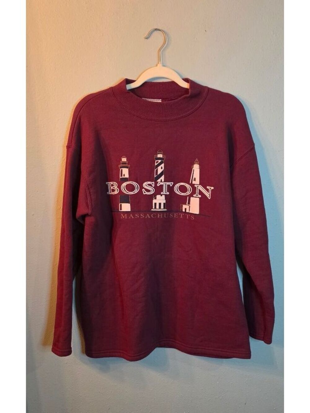 Vintage 90s Boston Massachusetts Lighthouse Sweatshirt Burgundy Medium USA